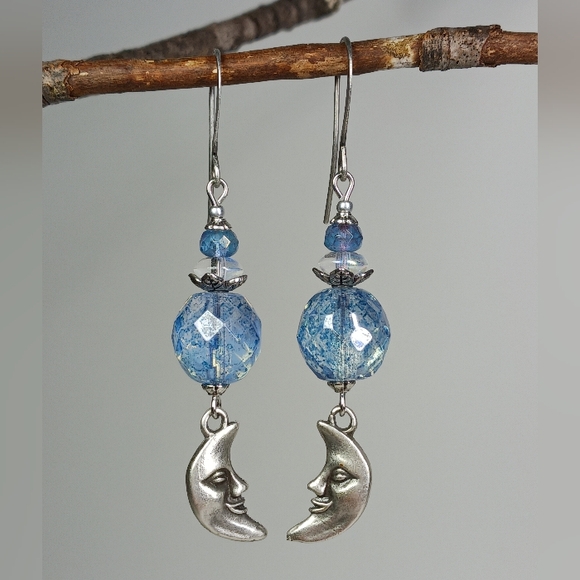 HAND CRAFTED Celestial Blue Czech Glass Silver Crescent Moon Dangle Earrings - Picture 2 of 7